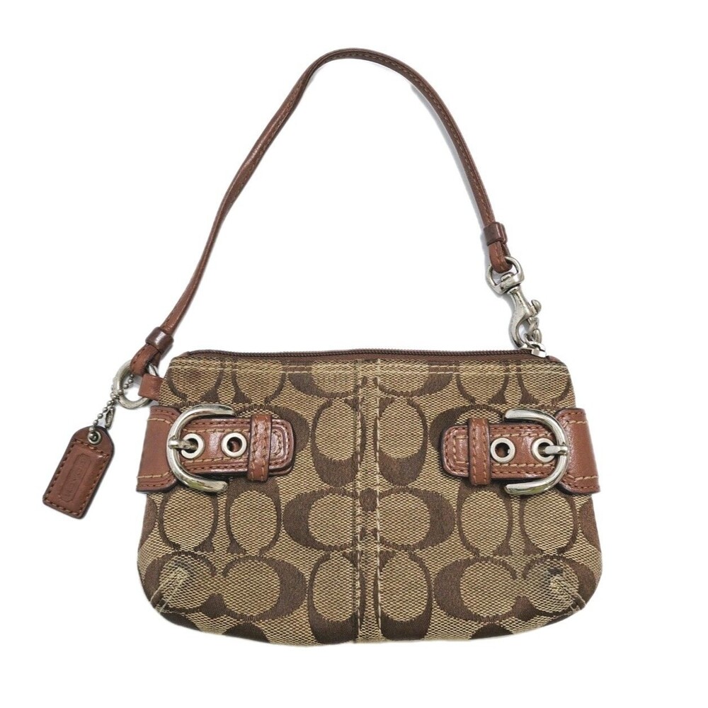 Coach Brown Signature Mini C Soho Jacquard Canvas Buckle Clutch Wristlet Wallet